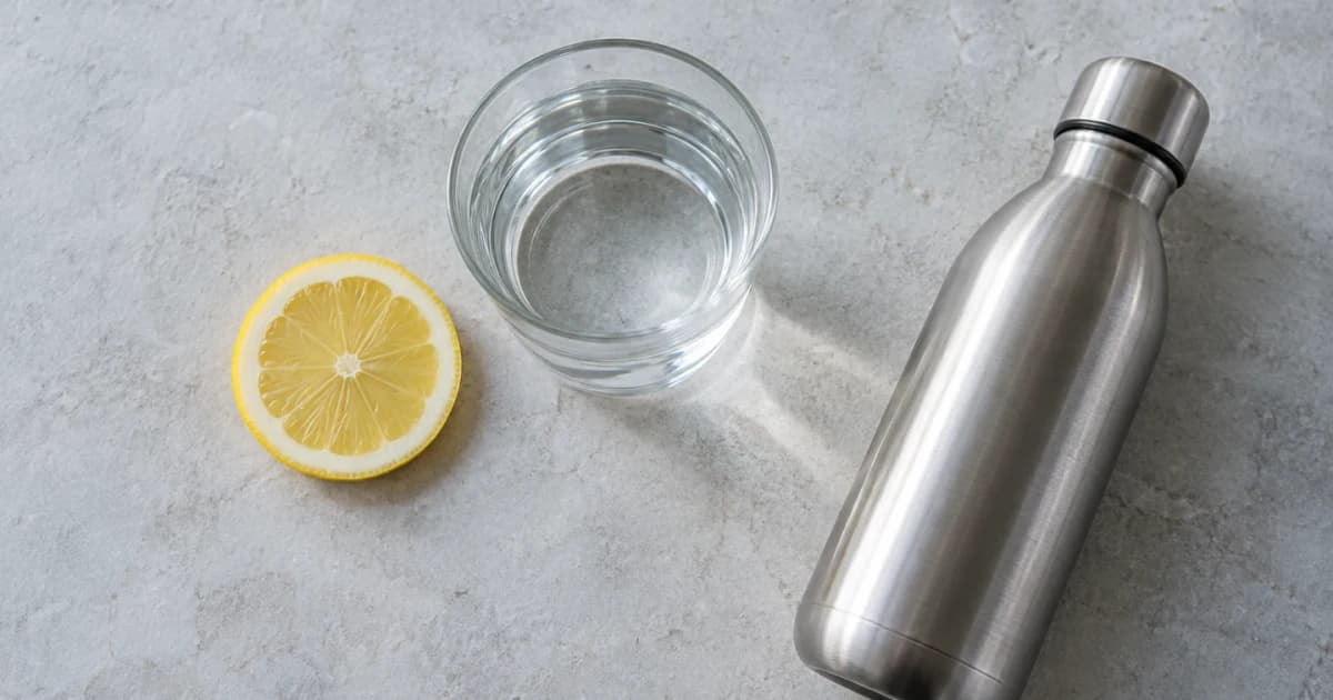 A glass of water, lemon slice and reusable water bottle