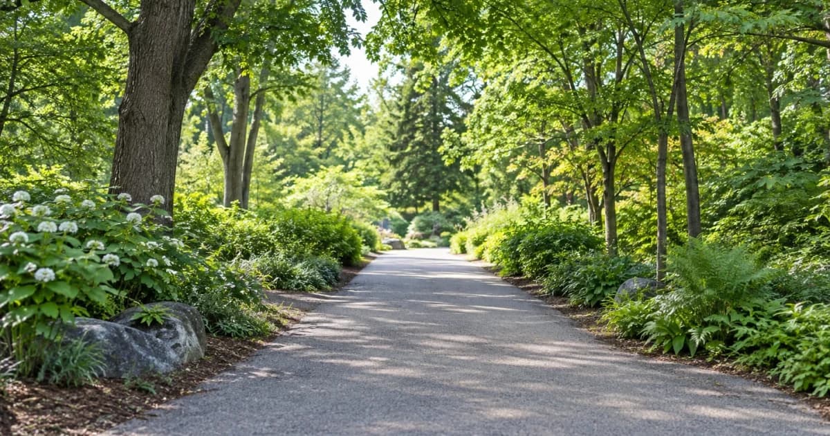 A green walking path in a quiet park