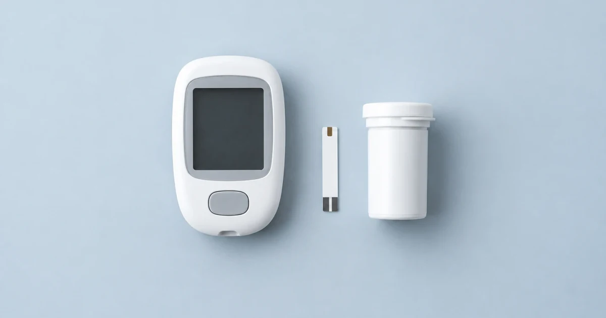 An illustrative glucose meter with no reading and an unused test strip