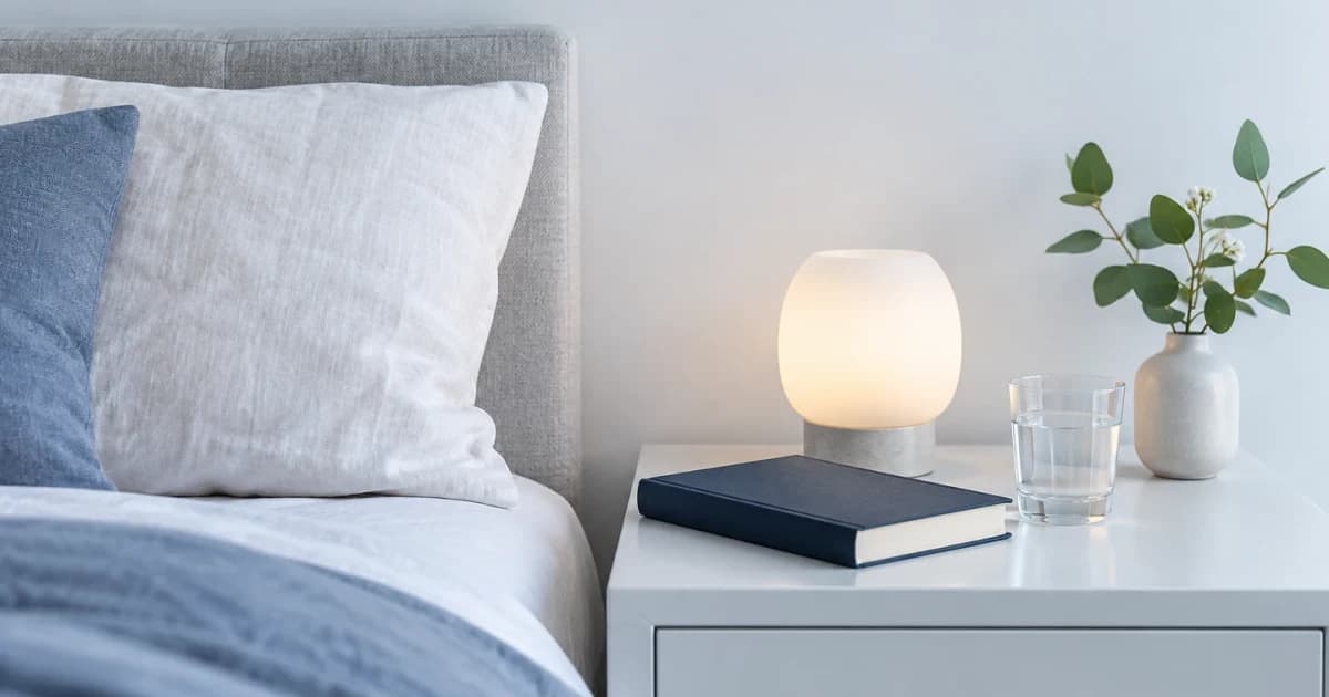 A calm bedside arrangement with a pillow, book and water