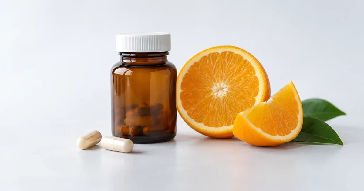 An unbranded supplement bottle, capsules and sliced orange