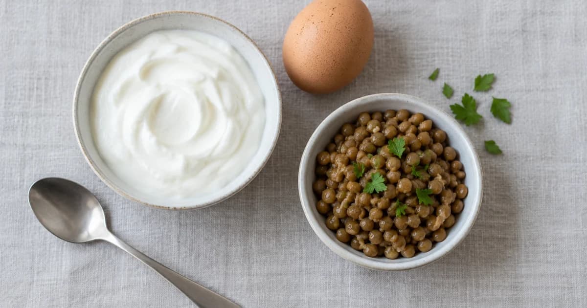 Greek yogurt, an egg and lentils illustrating protein sources