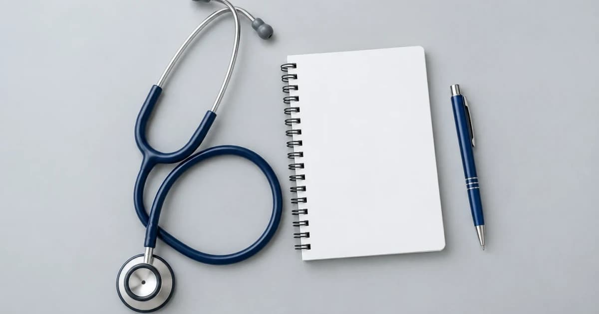 A stethoscope beside a blank consultation notebook