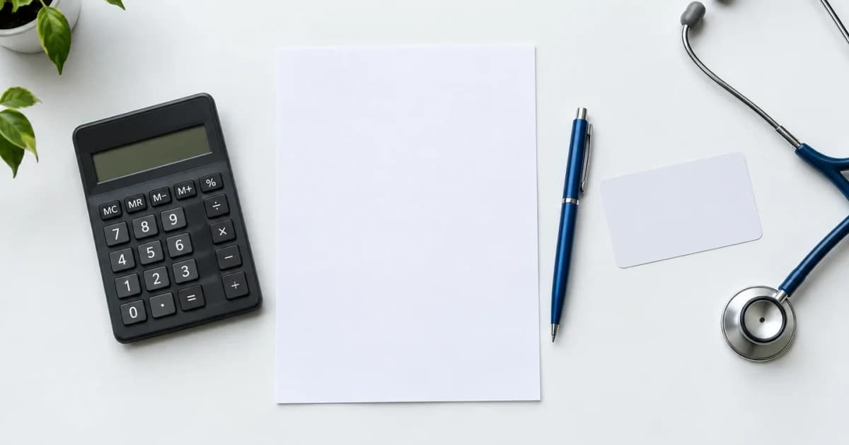 A calculator, blank paperwork and pen for healthcare budgeting