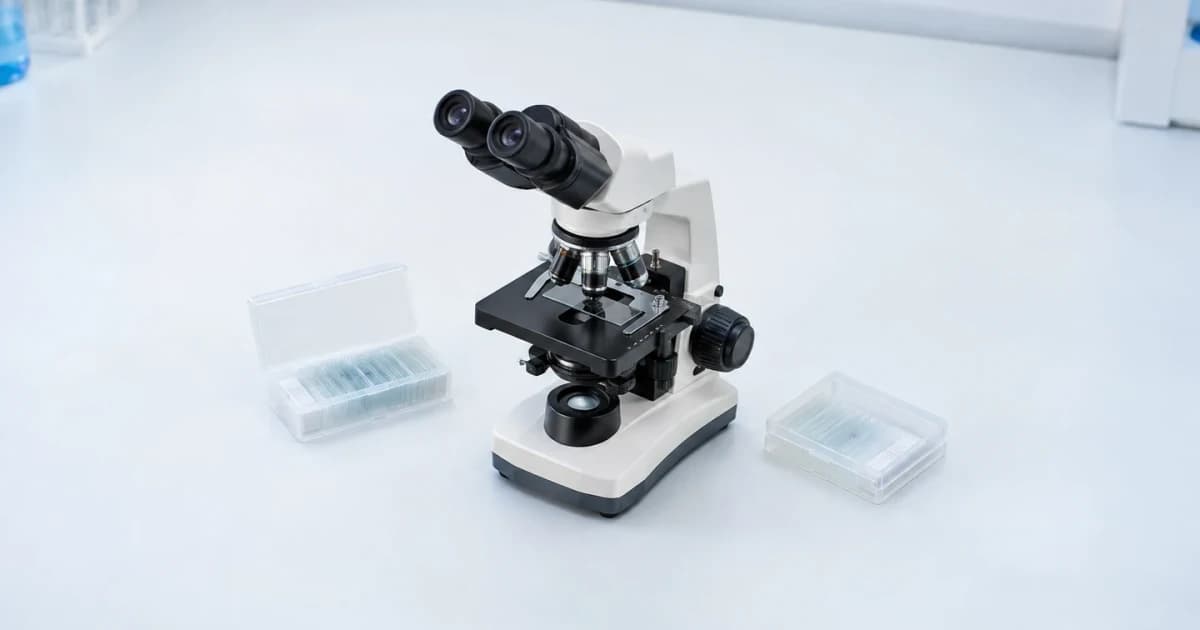 A laboratory microscope with glass slide cases