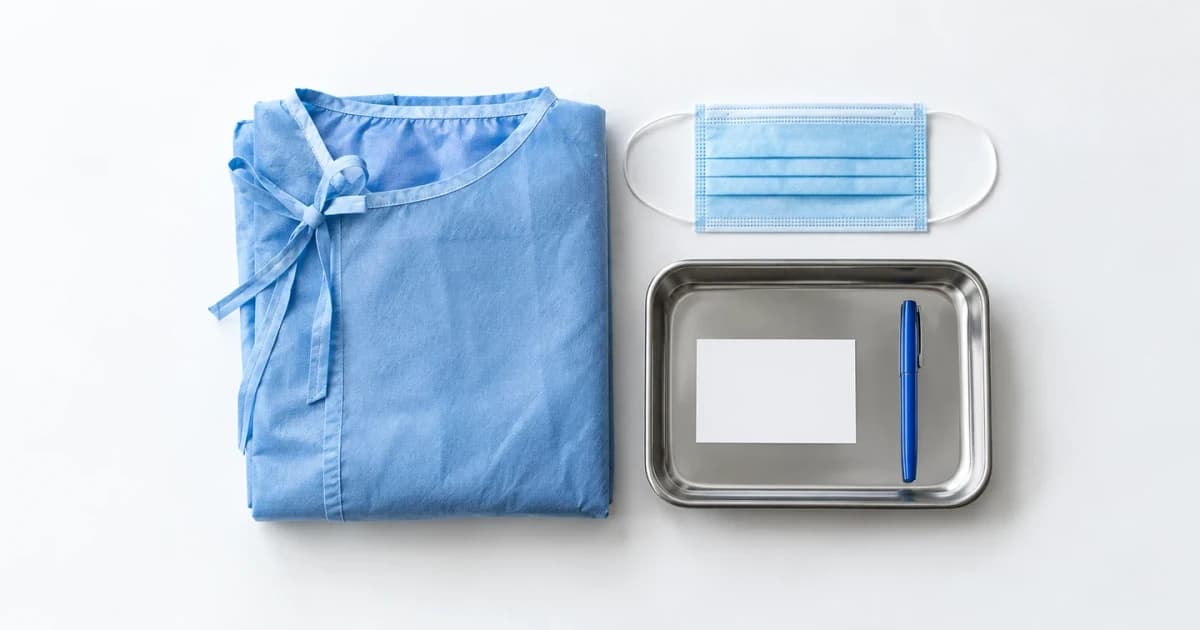 A folded surgical gown, unused mask and blank appointment card