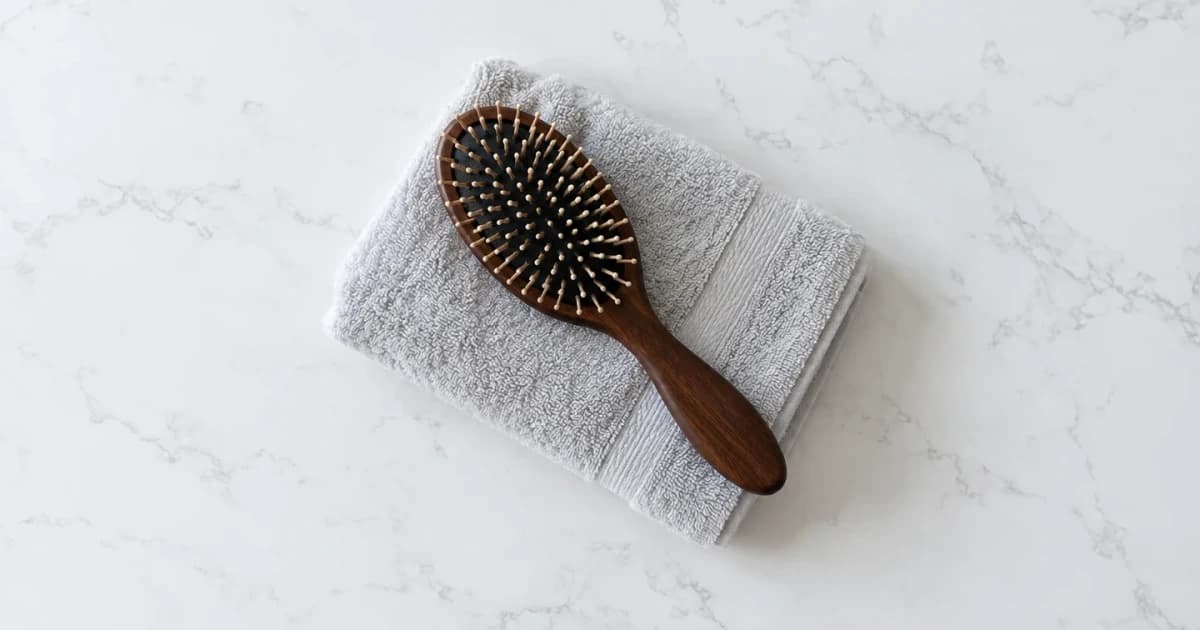 A wooden hairbrush and folded clean towel