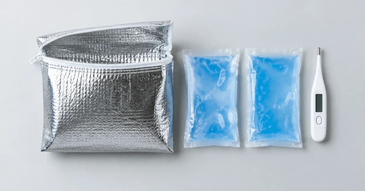 An insulated shipping pouch, cooling packs and thermometer