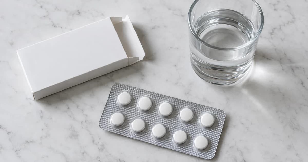 An illustrative tablet blister strip and water glass
