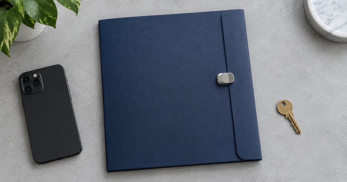 A closed document folder, screen-down phone and key