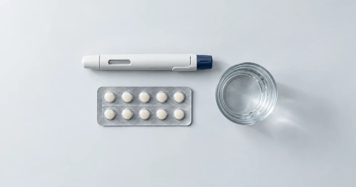 An illustrative generic injection pen, blister strip and water glass