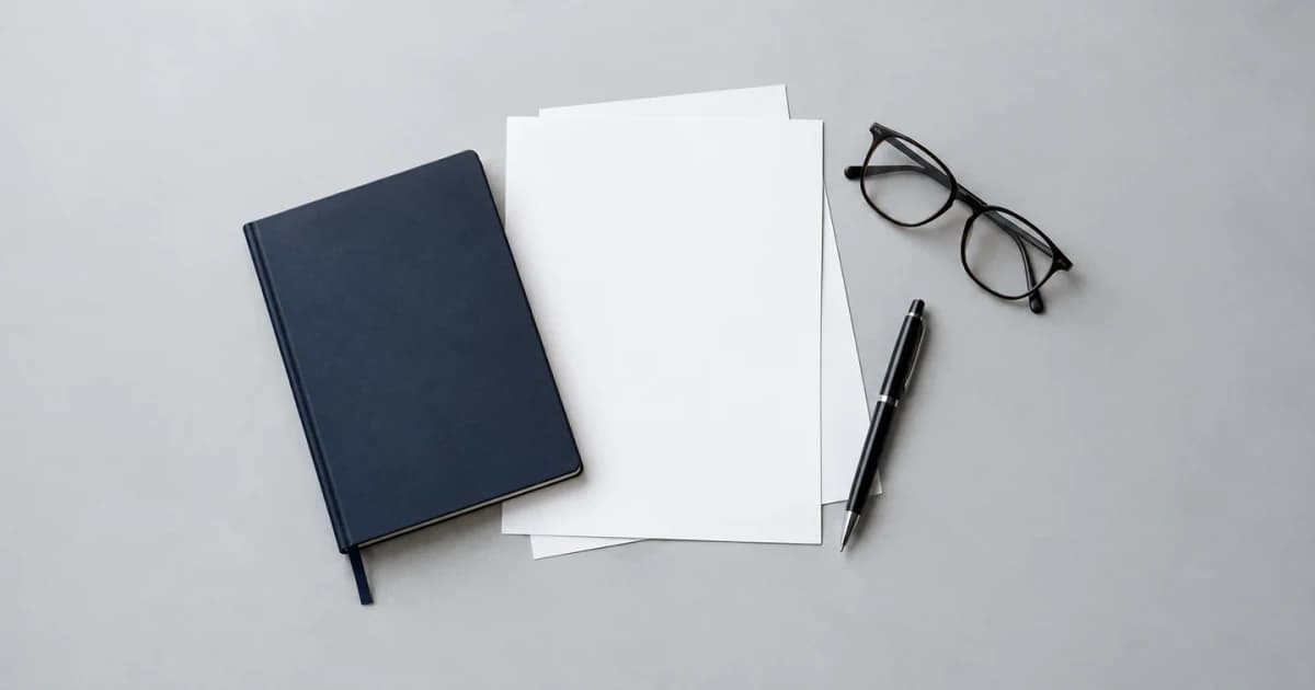 A navy research notebook, blank papers, pen and reading glasses